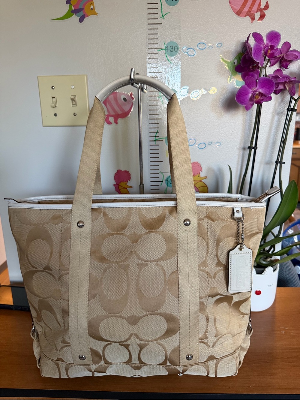Coach Tan Signature Canvas Tote with Cream Trim